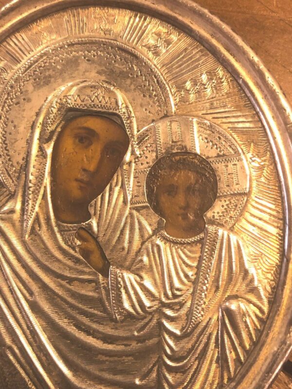 Icône De Voyage " Vierge à l'Enfant " Argent Massif Russie